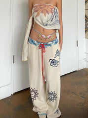 Hot Girl Street Fashion Color-Blocked Graffiti Print Loose Straight Wide Leg Pants