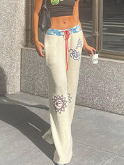Hot Girl Street Fashion Color-Blocked Graffiti Print Loose Straight Wide Leg Pants