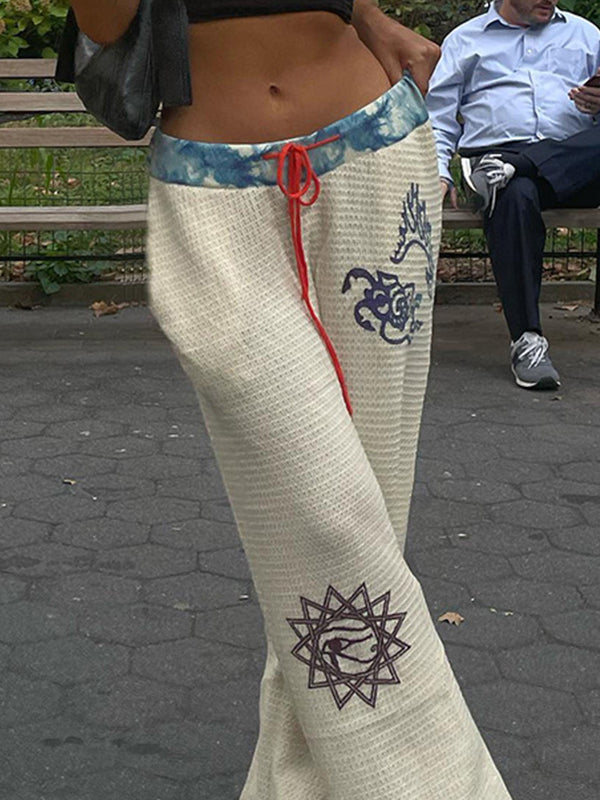 Hot Girl Street Fashion Color-Blocked Graffiti Print Loose Straight Wide Leg Pants