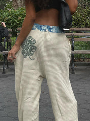 Hot Girl Street Fashion Color-Blocked Graffiti Print Loose Straight Wide Leg Pants