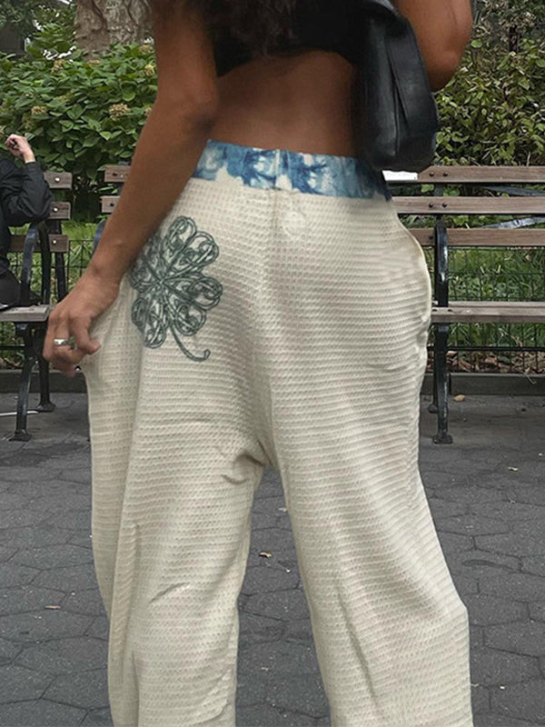 Hot Girl Street Fashion Color-Blocked Graffiti Print Loose Straight Wide Leg Pants