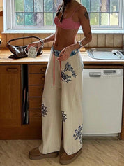 Hot Girl Street Fashion Color-Blocked Graffiti Print Loose Straight Wide Leg Pants