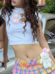 Y2K Rainbow-Colored Bear Print Color-Blocked Women'S Sweet And Cool Short-Sleeved T-Shirt