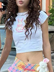 Y2K Rainbow-Colored Bear Print Color-Blocked Women'S Sweet And Cool Short-Sleeved T-Shirt
