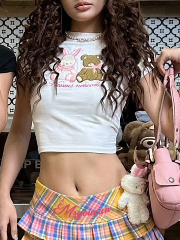 Y2K Rainbow-Colored Bear Print Color-Blocked Women'S Sweet And Cool Short-Sleeved T-Shirt