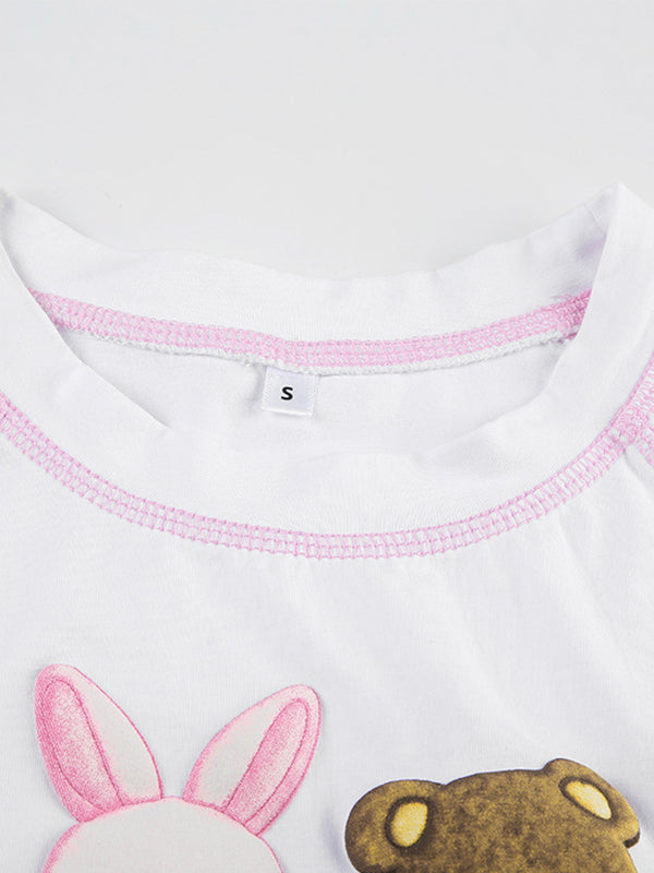 Y2K Rainbow-Colored Bear Print Color-Blocked Women'S Sweet And Cool Short-Sleeved T-Shirt