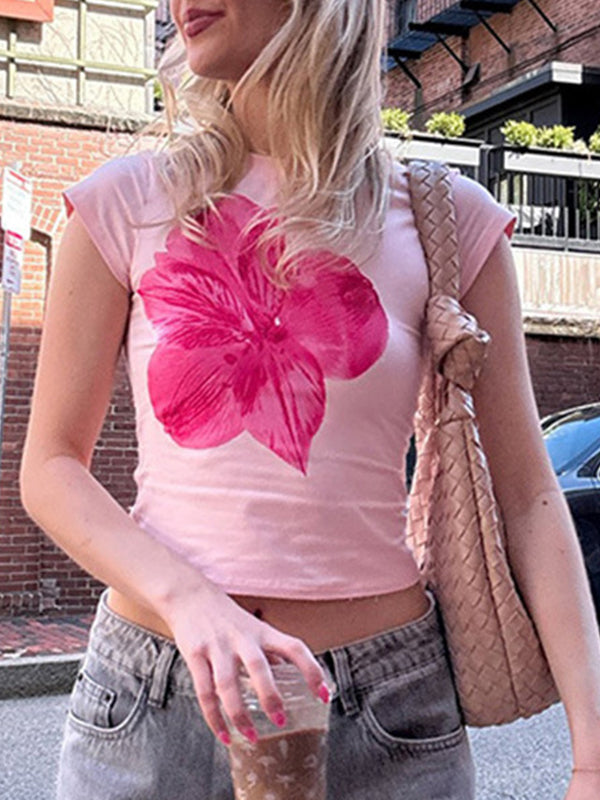 Floral Print Color-Blocked Basic Casual Round Neck Slim Fit Short-Sleeved T-Shirt