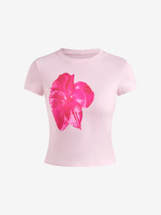 Floral Print Color-Blocked Basic Casual Round Neck Slim Fit Short-Sleeved T-Shirt