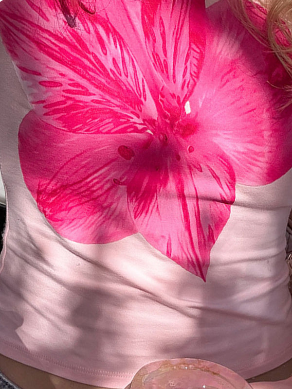 Floral Print Color-Blocked Basic Casual Round Neck Slim Fit Short-Sleeved T-Shirt