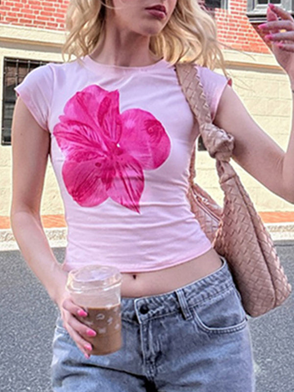 Floral Print Color-Blocked Basic Casual Round Neck Slim Fit Short-Sleeved T-Shirt