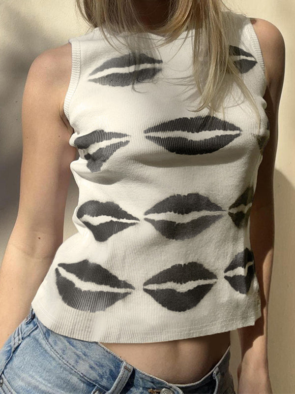 Spicy Girl Y2K Summer New Arrival Lip Print Ribbed Tank Top