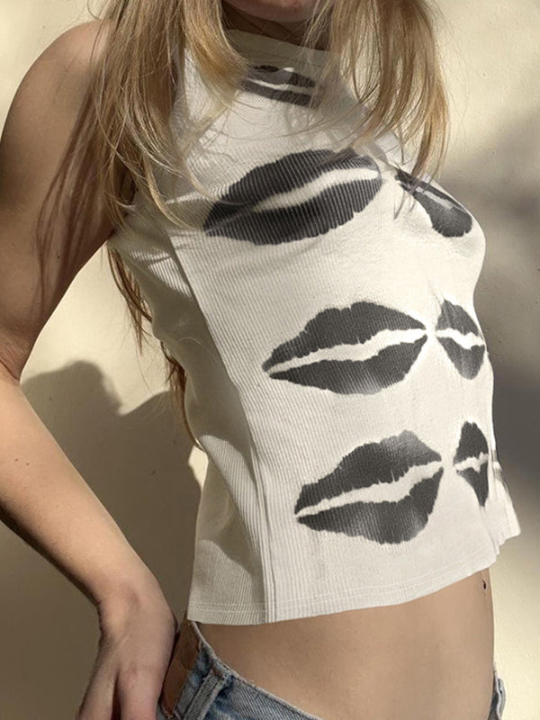 Spicy Girl Y2K Summer New Arrival Lip Print Ribbed Tank Top