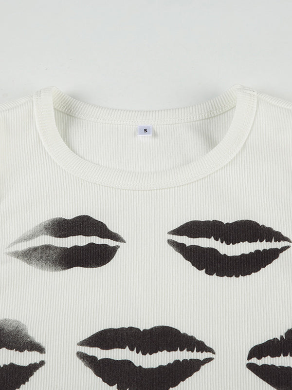 Spicy Girl Y2K Summer New Arrival Lip Print Ribbed Tank Top