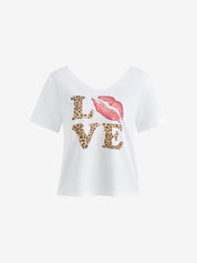 American Style Streetwear Off-The-Shoulder Wide Neck Leopard Print Letter Short-Sleeved T-Shirt