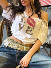American Style Streetwear Off-The-Shoulder Wide Neck Leopard Print Letter Short-Sleeved T-Shirt