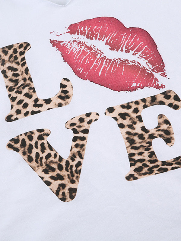 American Style Streetwear Off-The-Shoulder Wide Neck Leopard Print Letter Short-Sleeved T-Shirt
