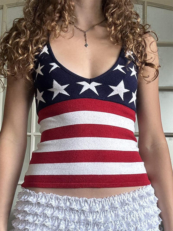 American Street Style Star Print Y2K Halter Neck Knit Tank Top