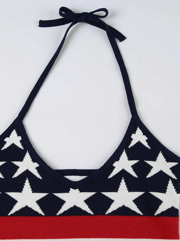 American Street Style Star Print Y2K Halter Neck Knit Tank Top