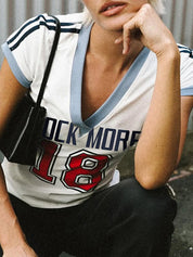 American-Style Printed Jersey Slim-Fit V-Neck Streetwear Letter And Number Short-Sleeved T-Shirt