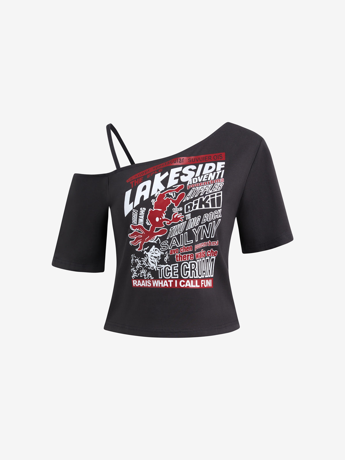 Street Fashion Y2K Hot Girl Off-The-Shoulder Printed Versatile Loose-Fitting Short-Sleeved Oversized Short Sleeve