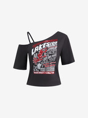 Street Fashion Y2K Hot Girl Off-The-Shoulder Printed Versatile Loose-Fitting Short-Sleeved Oversized Short Sleeve