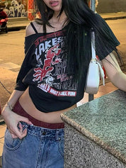 Street Fashion Y2K Hot Girl Off-The-Shoulder Printed Versatile Loose-Fitting Short-Sleeved Oversized Short Sleeve