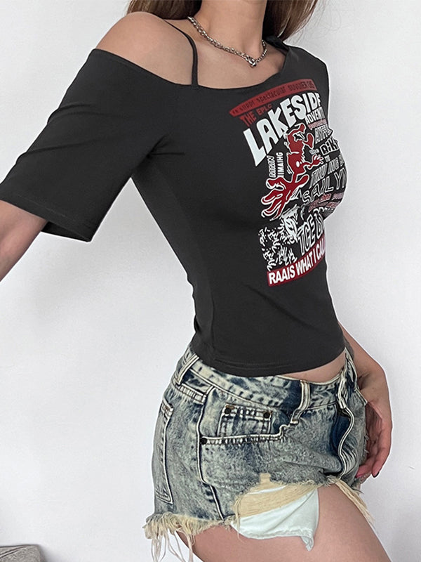 Street Fashion Y2K Hot Girl Off-The-Shoulder Printed Versatile Loose-Fitting Short-Sleeved Oversized Short Sleeve