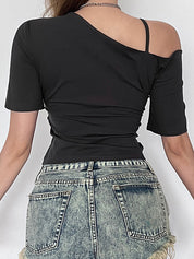 Street Fashion Y2K Hot Girl Off-The-Shoulder Printed Versatile Loose-Fitting Short-Sleeved Oversized Short Sleeve