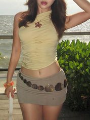 2025 Summer New Fashion Y2K Hot Girl Off-The-Shoulder Pleated Stretch Tank Top