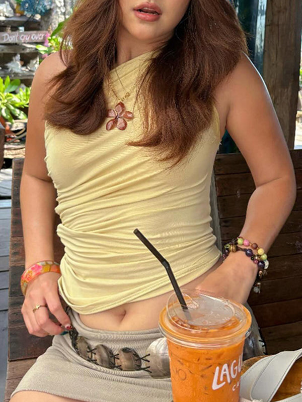 2025 Summer New Fashion Y2K Hot Girl Off-The-Shoulder Pleated Stretch Tank Top