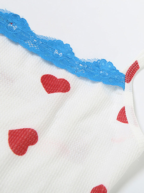 Street Fashion Pure Desire Hot Girl Y2K Heart Print Contrasting Color Halter Tank Top