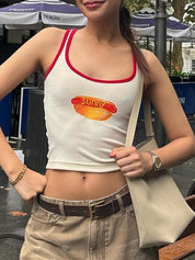 Street-Style Y2K Fashion Food Print Spaghetti Strap Color-Block Tank Top