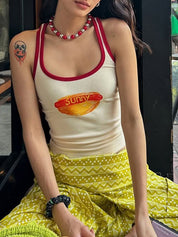 Street-Style Y2K Fashion Food Print Spaghetti Strap Color-Block Tank Top