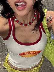Street-Style Y2K Fashion Food Print Spaghetti Strap Color-Block Tank Top