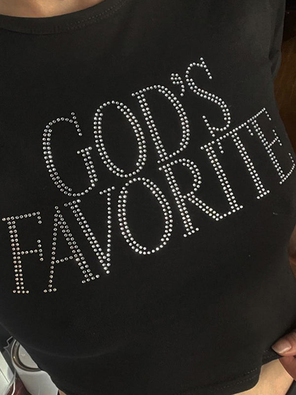 Fashionable New Round Neck Rhinestone Slim Fit Short Sleeve T-Shirt