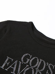 Fashionable New Round Neck Rhinestone Slim Fit Short Sleeve T-Shirt