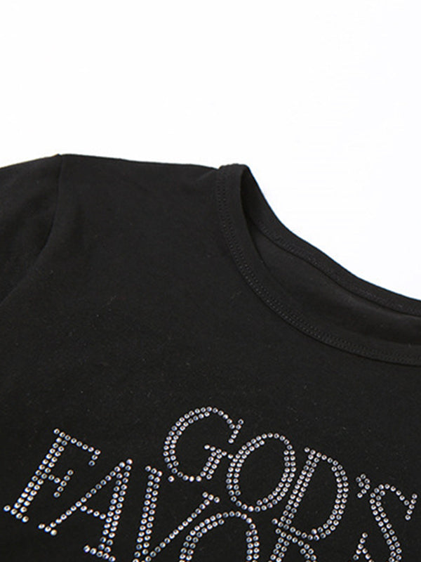 Fashionable New Round Neck Rhinestone Slim Fit Short Sleeve T-Shirt