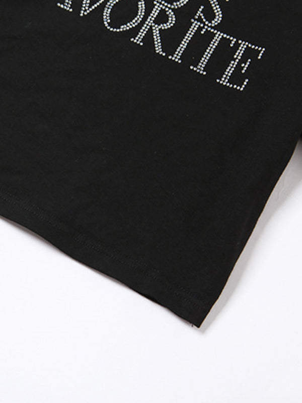 Fashionable New Round Neck Rhinestone Slim Fit Short Sleeve T-Shirt