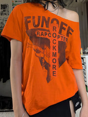 American Retro Off-The-Shoulder Loose-Fitting Design With Unique Prints, Trendy Short-Sleeved T-Shirt