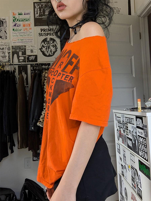 American Retro Off-The-Shoulder Loose-Fitting Design With Unique Prints, Trendy Short-Sleeved T-Shirt