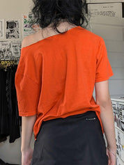 American Retro Off-The-Shoulder Loose-Fitting Design With Unique Prints, Trendy Short-Sleeved T-Shirt