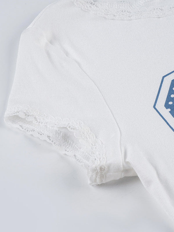 Lace-Trimmed, Digital-Printed, Round-Neck, Casual, Short-Sleeved T-Shirt For Export