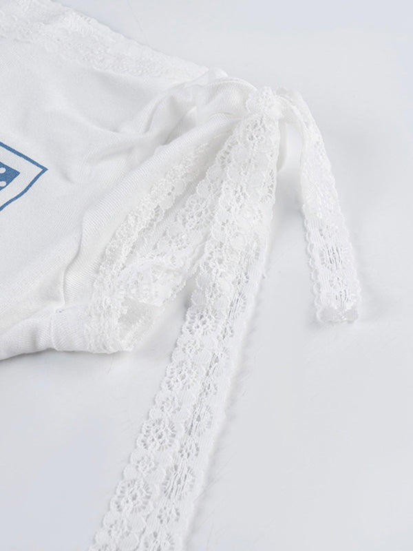 Lace-Trimmed, Digital-Printed, Round-Neck, Casual, Short-Sleeved T-Shirt For Export