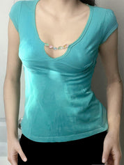 Colorful Stone Beaded Sexy V-Neck Openwork Slim-Fit Short-Sleeved T-Shirt