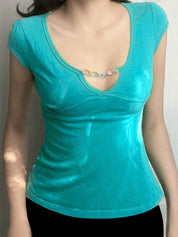 Colorful Stone Beaded Sexy V-Neck Openwork Slim-Fit Short-Sleeved T-Shirt