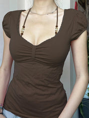 Beaded Lace Sexy Low Neckline Cute Puff Sleeves Short Sleeves T-Shirt