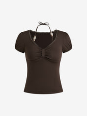 Beaded Lace Sexy Low Neckline Cute Puff Sleeves Short Sleeves T-Shirt