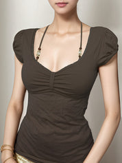 Beaded Lace Sexy Low Neckline Cute Puff Sleeves Short Sleeves T-Shirt