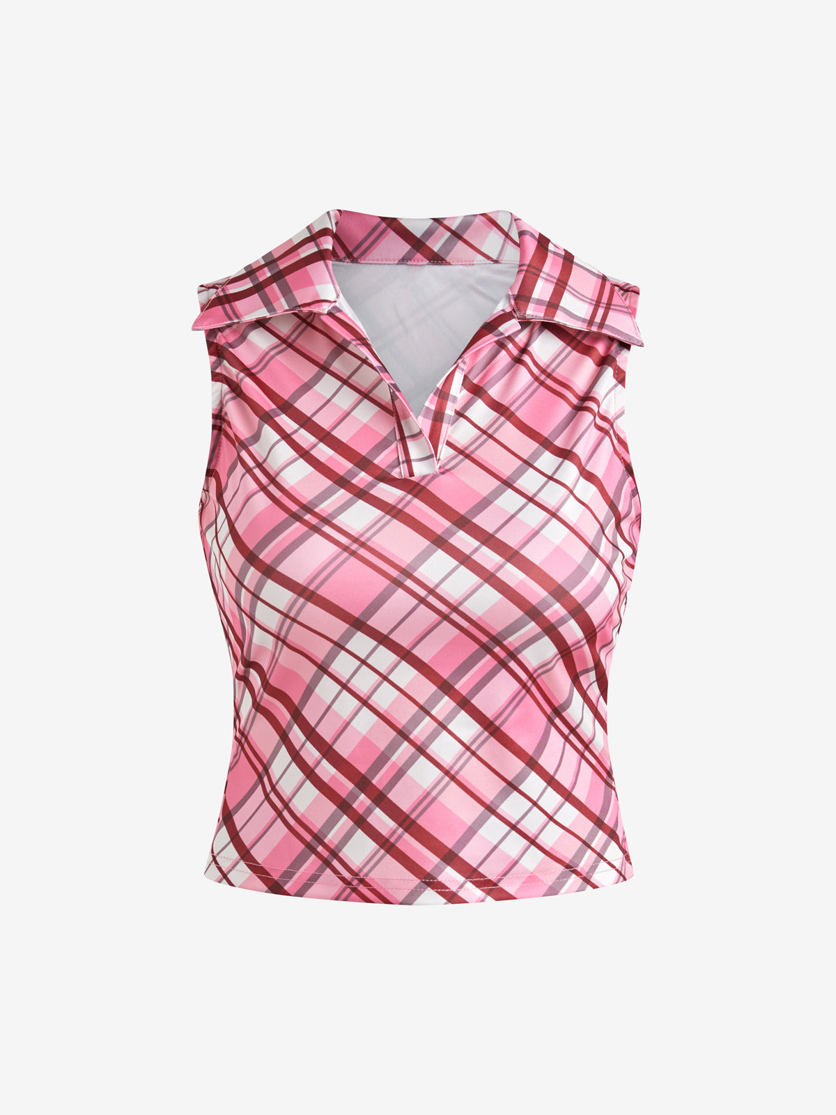 Pink Checkered V-Neck Sleeveless Fitted Vest With Lapel Collar