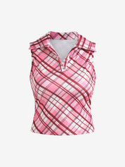 Pink Checkered V-Neck Sleeveless Fitted Vest With Lapel Collar